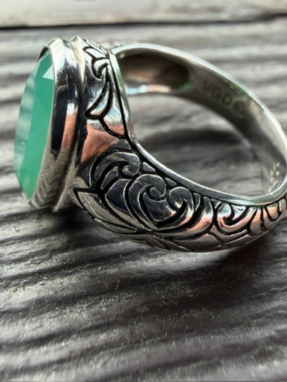 Vintage Sterling Ring Rose Cut Green Chalcedony Janice Girardi Designs Size 10 - Picture 11 of 13
